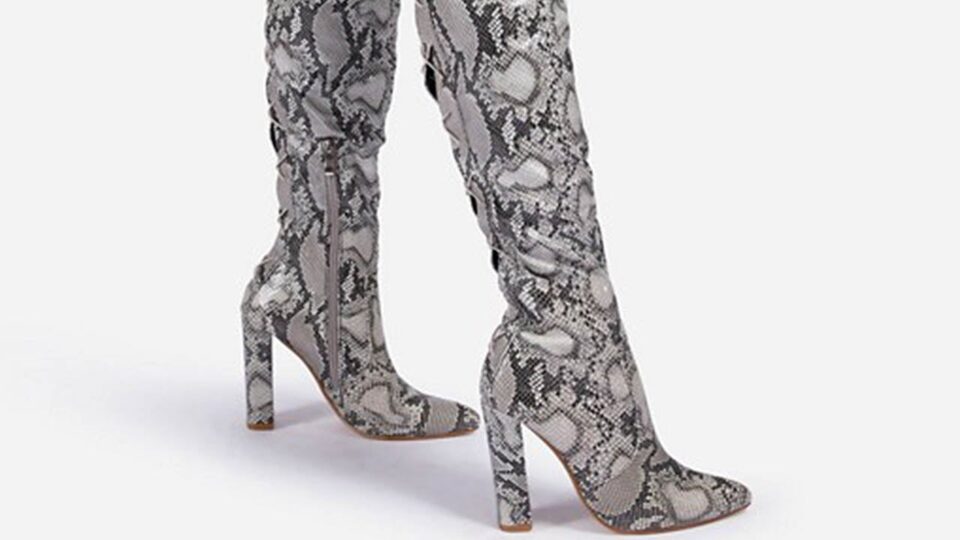 snakeskin thigh high boots