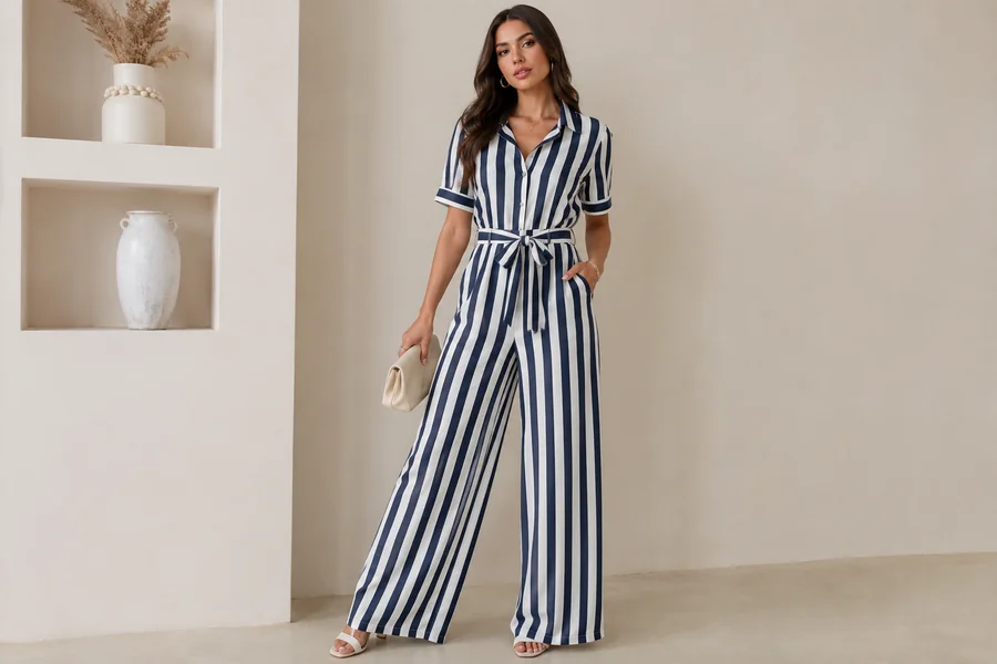 striped jumpsuit with sleeves