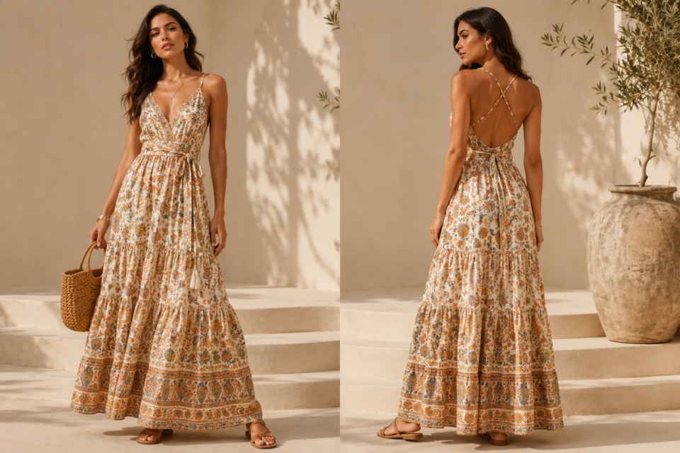 sundrenched printed maxi dress